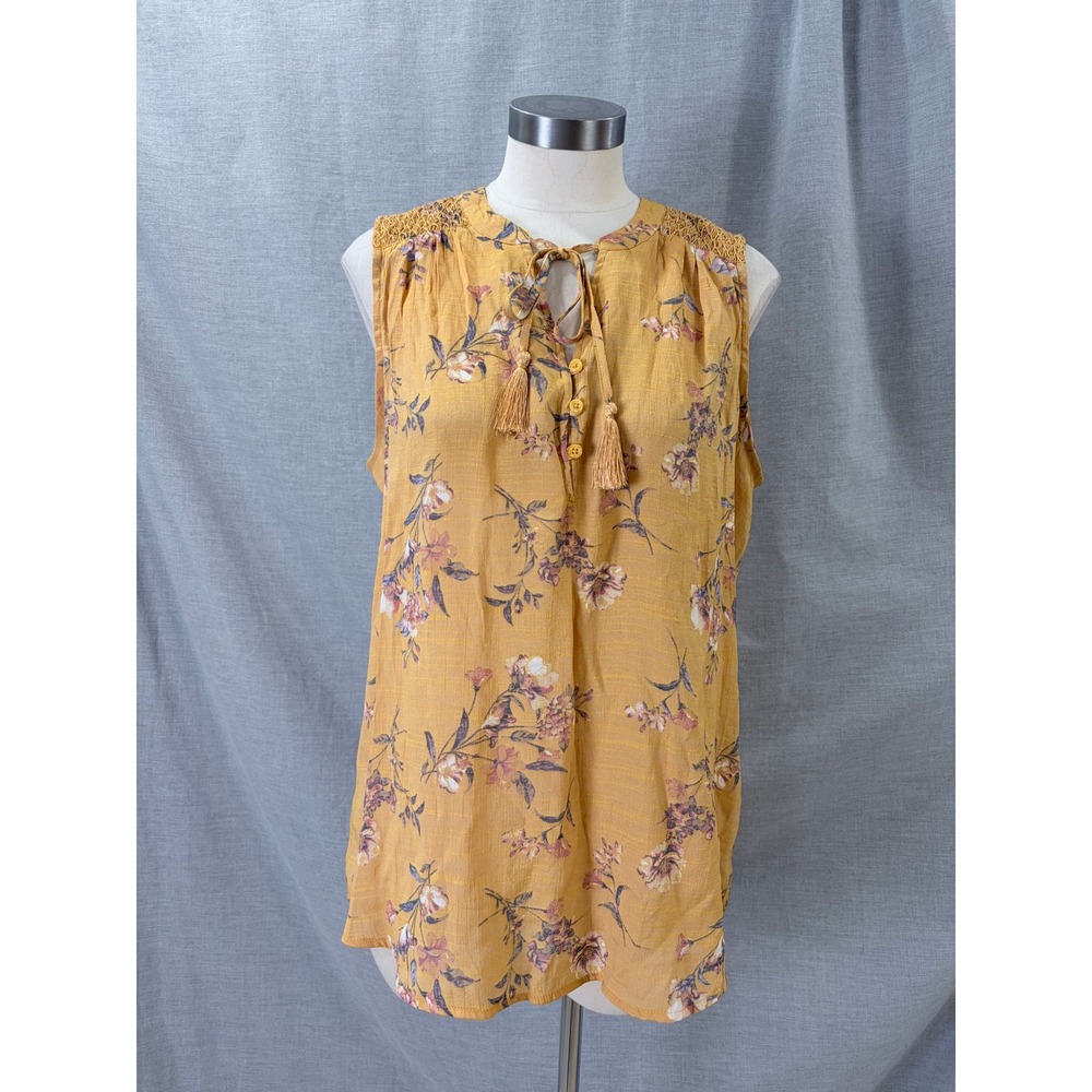 Artesia Women Gold Floral Sleeveless Tassel Blouse Top‎ L Yellow Boho